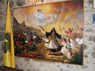 Греция. Метеора. Картина в монастырской трапезной, изображающая сражение греков с турками за освобождение Родины. Страшные разбойники слева - турки, а страшные разбойники справа - греки. :-) (фото)